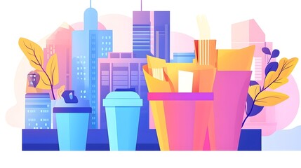 Obraz premium Cityscape with Takeaway Food and Drinks