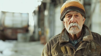 Obraz premium An elderly man in an earthy-toned coat and striped beanie stands in a cold outdoor environment, exuding a sense of solitude and perseverance.