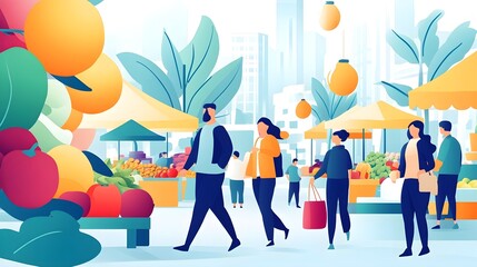 Colorful City Market Illustration - People Shopping Fresh Produce