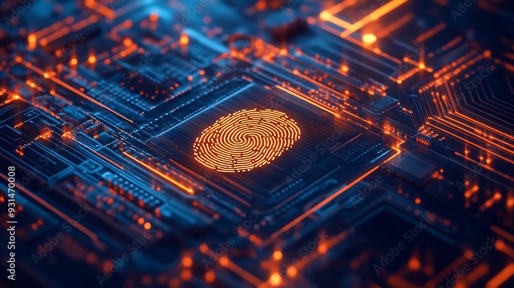 Poster digital fingerprint on motherboard backgrounds, digital security and access concepts