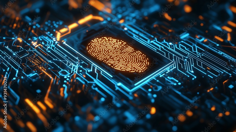 Aufkleber digital fingerprint on motherboard backgrounds, digital security and access concepts