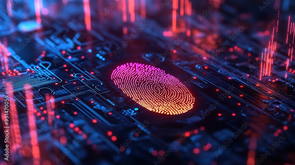 Aufkleber digital fingerprint on motherboard backgrounds, digital security and access concepts