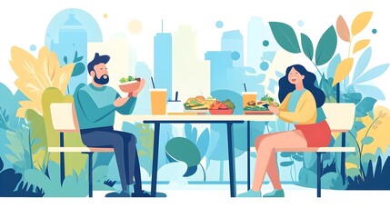 Fototapeta premium Couple Enjoying Healthy Meal, Cityscape Background