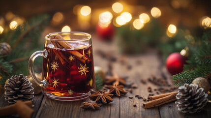 Festive mulled wine in a decorated glass with Christmas lights and pinecones