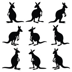 A collection of 9 kangaroo silhouettes in different stances