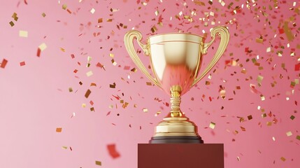  Golden Trophy with Confetti Rain on a Green Field