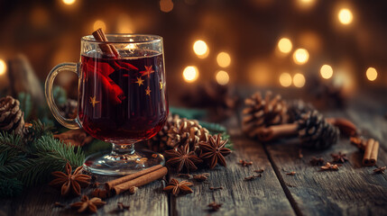 Festive mulled wine in a decorated glass with Christmas lights and pinecones