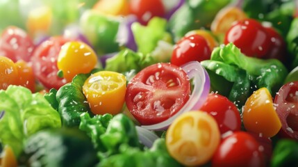 Fresh and colorful salad with vibrant lettuce, tomatoes, and onions, perfect for healthy meals and culinary presentations.