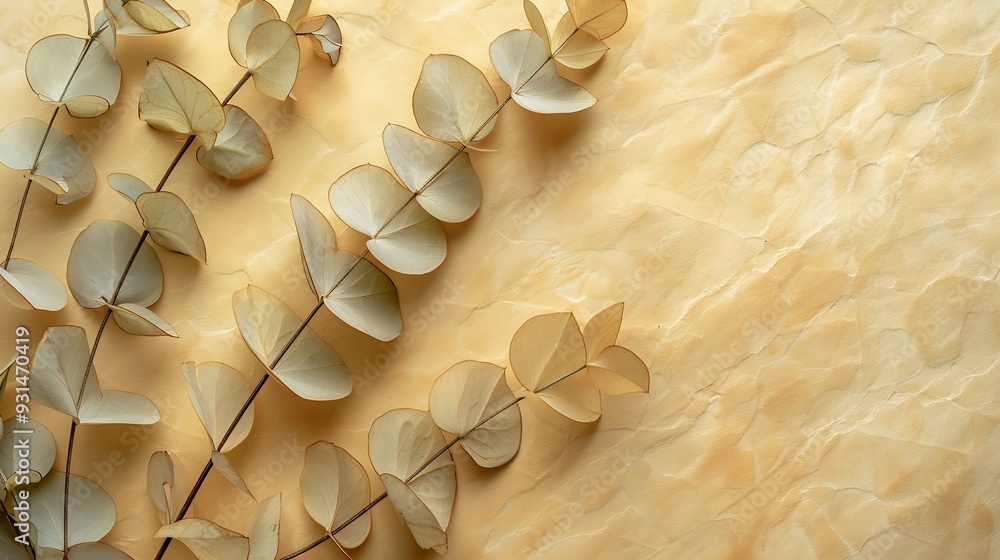 Poster dry eucalyptus branch beige color on beige background close up floral card botanical fine art poster