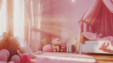 Sun-drenched pink nursery with stuffed toys and a cozy, playful vibe, perfect for a child's day of fun and imagination.