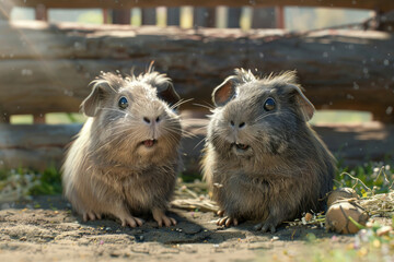 Two guinea pigs eagerly investigate their surrounding area in bright sunlight
