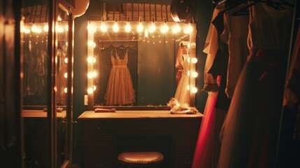 A dimly lit backstage dressing room with vintage bulbs around a mirror casts a warm glow on an elegant dress waiting to be worn.