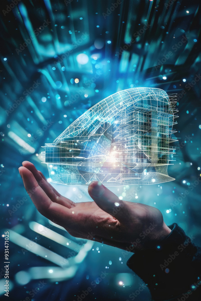 Poster an intricately designed digital structure appears to float in a hand surrounded by a futuristic atmo