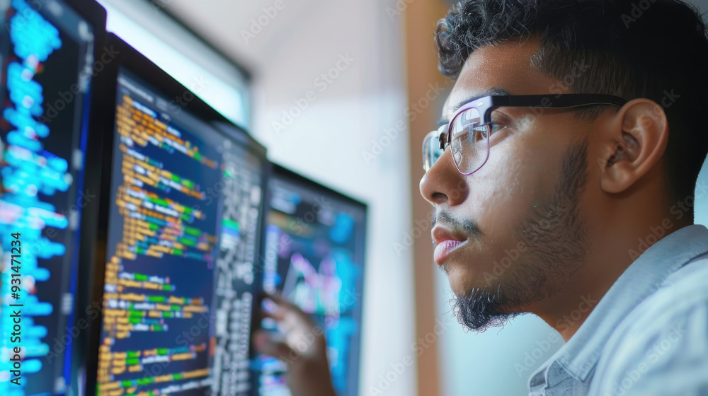 Poster a programmer attentively reviews code on dual screens in a bright, contemporary workspace