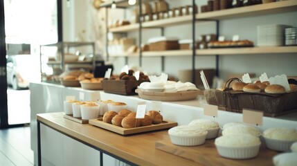 A cozy bakery filled with an array of freshly baked bread and pastries, capturing the warmth and aroma of freshly baked goods.