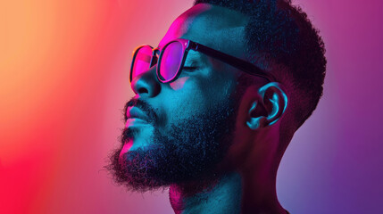 A man in glasses confidently poses against vibrant hues of blue, pink, and purple lighting