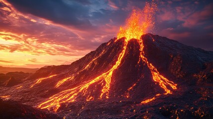 3D render of a volcano erupting at sunset, with fiery lava flowing down the slopes and a dramatic sky in the background.