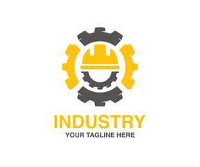 Industrial logo design. Development Gear. Workwear, helmet construction and cogwheel. Safety and protection, engineer. Construction, labor and engineering symbols vector design and illustration. 