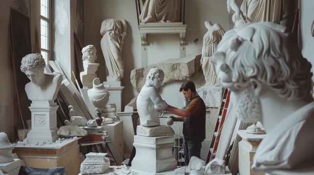 An artist meticulously works on a sculpture surrounded by classical artworks and statues in a sunlit studio room.