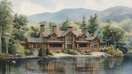 Naklejka premium Watercolor Painting of a Rustic Log Cabin on a Lake.