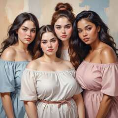 Obraz premium Four plus size women in dresses are standing next to each other . Body positive and plus size concept.