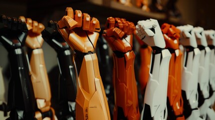 A lineup of robotic arms displayed in a store, showcasing various models and designs, reflecting technological advancement and diversity.