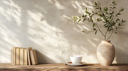 Neutral Mediterranean home design Textured vase with olive tree branches cup of coffee Books on...