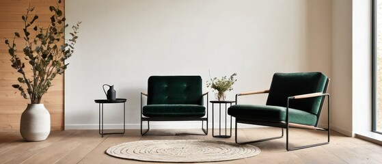 Elegant living room showcasing minimalist design with a chic chair, coffee table, and decorative vase. Neutral tones create a tranquil vibe perfect for modern homes.