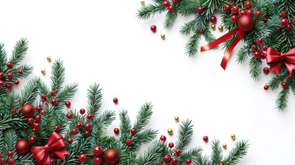 Christmas tree corner border with green fir branches, red bow, berries and gold lights isolated on white background. Pine, xmas evergreen plants frame. garland decoration, card with copy space