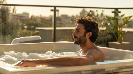 A man relaxes in a hot tub, soaking in the warm water as the sun sets over the city skyline