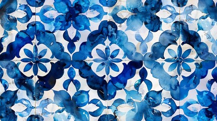 Seamless Algerian pattern Square vintage tile Blue and white watercolor ornament painted with paint on paper Handmade Print for textiles Seth grunge texture : Generative AI
