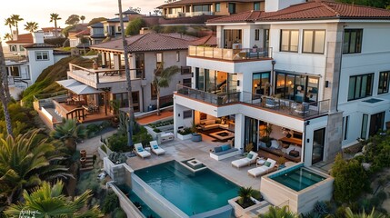 Fototapeta premium Aerial view of hillside luxury single family homes above Sunset Beach San Diego with palm trees and large terrace : Generative AI