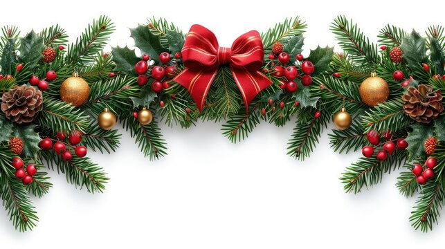 Christmas tree corner border with green fir branches, red bow, berries and gold lights isolated on white background. Pine, xmas evergreen plants frame. garland decoration, card with copy space