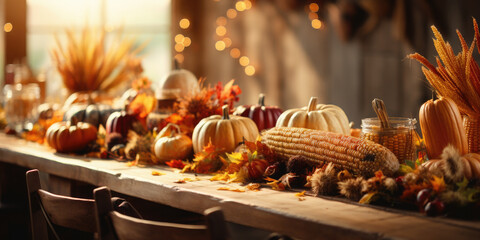 Cozy thanksgiving scene with pumpkins, corn, and leaves on a rustic table, creating a warm and inviting atmosphere for a festive family gathering. Thanksgiving day. Harvest. Banner