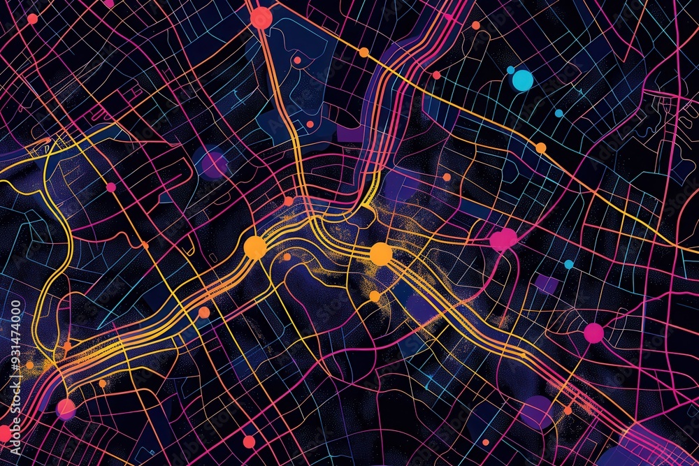 Poster colorful routes on a stylized map represent dynamic connectivity and navigation, ideal for logistics