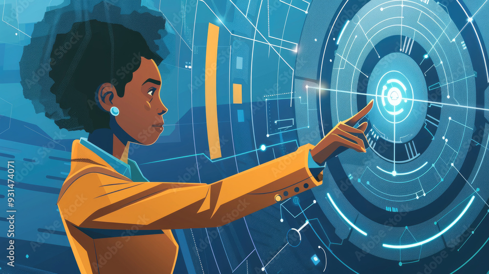 Poster a woman engages with a high-tech display using touch controls in a contemporary environment