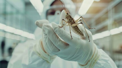 A scientist in full protective gear in a lab carefully holding a large grasshopper, showcasing laboratory research and study of insects.