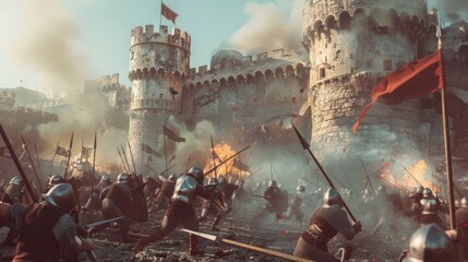 A dramatic medieval battle scene with knights clashing and flames rising against a backdrop of a fortified castle under siege.