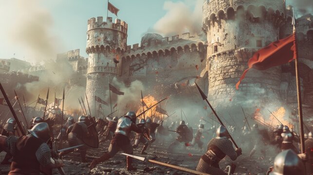 A dramatic medieval battle scene with knights clashing and flames rising against a backdrop of a fortified castle under siege.