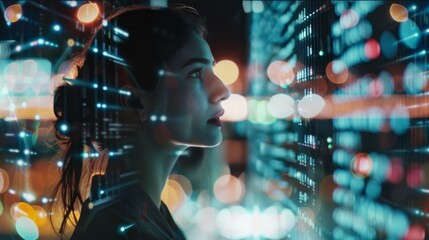 A woman in a dark room gazes at illuminated screens filled with lines of data, suggesting a futuristic, high-tech environment that encapsulates modern technology.