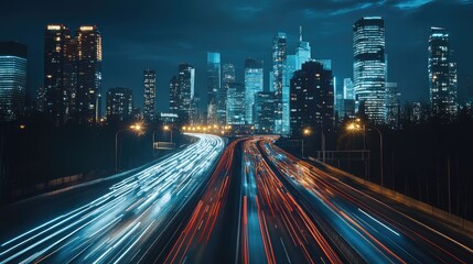 Obraz premium A long highway stretching toward a modern city skyline, illuminated by evening lights and bustling with traffic.