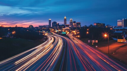 Obraz premium A long highway stretching toward a modern city skyline, illuminated by evening lights and bustling with traffic.
