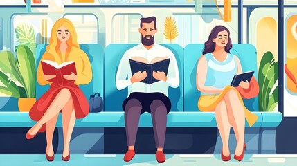 Fototapeta premium Passengers Reading Books on a Train, Colorful Illustration