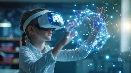 A young girl explores virtual reality with a VR headset, her hands interacting with glowing, networked digital elements suspended in mid-air.