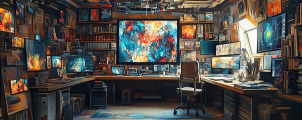 Realistic wide panoramic image of an artists studio with AI revolutionizing creativity