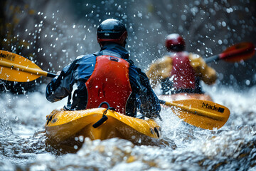 Naklejka premium Happy people spending summer time kayaking fishing boating hobby water sports, Generative AI photo