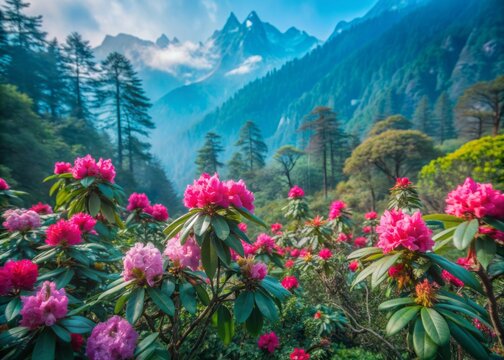 A close-up of rhododendron flowers with dew drops, set against a lush green Himalayan forest