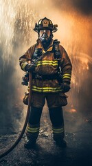 Fototapeta premium A firefighter holding a fire hose, ready for action, with an unobtrusive light solid color backdrop