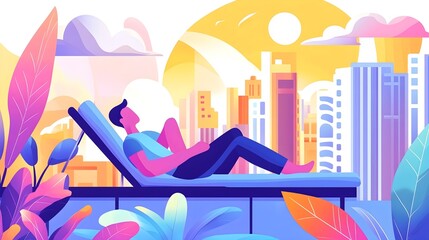 Obraz premium Relaxing Man with Cityscape View on Lounger