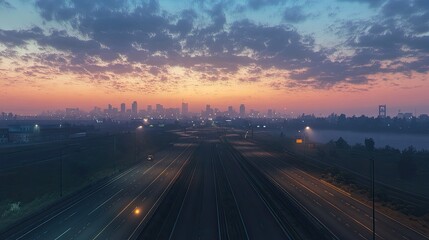 Obraz premium A panoramic view of a highway at dusk, leading toward a distant city skyline, illuminated by warm lights.